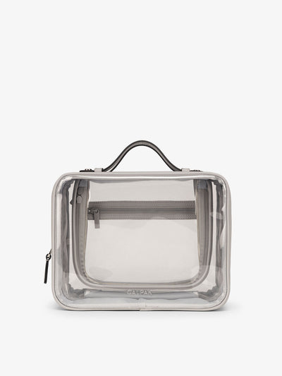 CALPAK Large clear makeup bag with zippered compartments in cool grey; CCC2001-COOL-GREY view 1