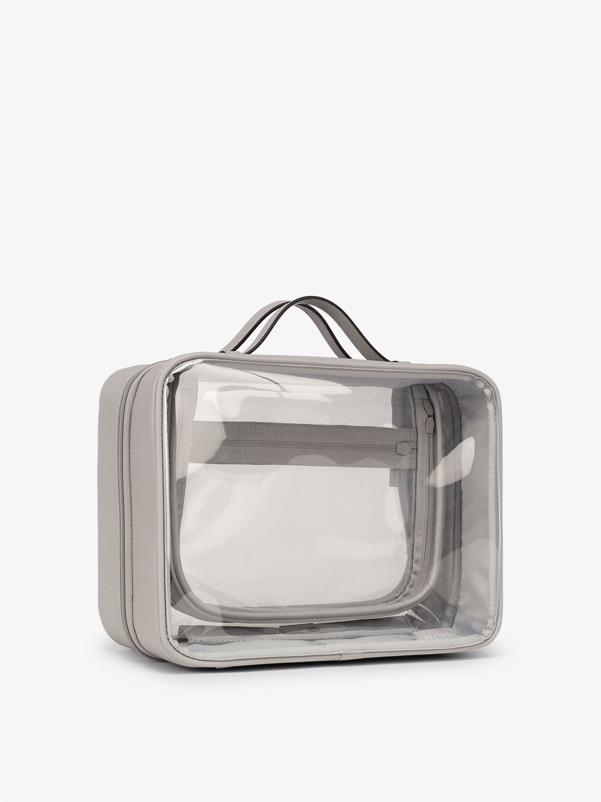 CALPAK large clear skincare bag with multiple zippered compartments in cool grey; CCC2001-COOL-GREY