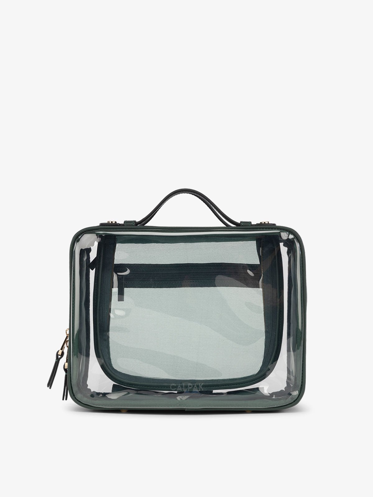 CALPAK Large clear makeup bag with dual handles and zippered compartments in green
