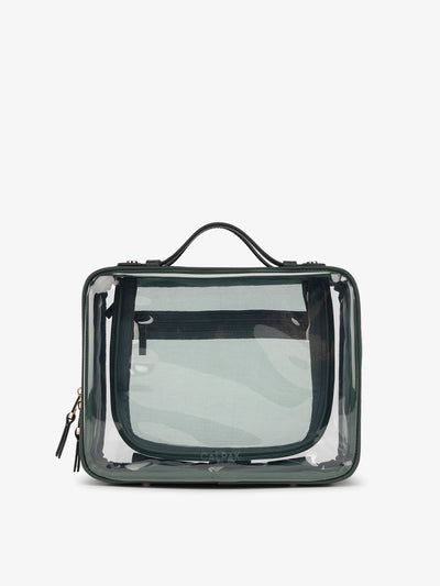CALPAK Large clear makeup bag with dual handles and zippered compartments in green; CCC2001-EMERALD