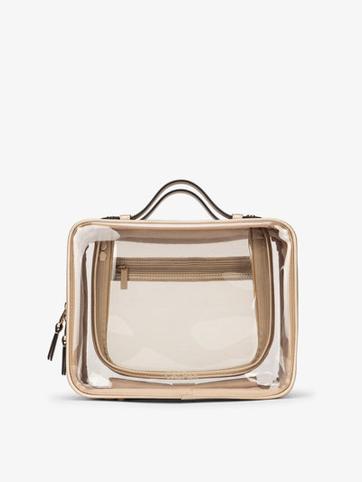 CALPAK Large clear makeup bag with zippered compartments in metallic gold; CCC2001-GOLD view 1