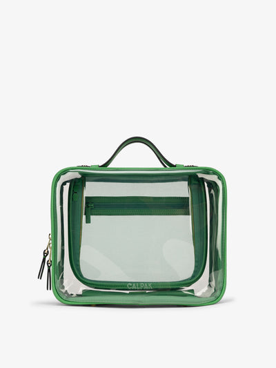 CALPAK Large clear makeup bag with zippered compartments in green apple; CCC2001-GREEN-APPLE view 1