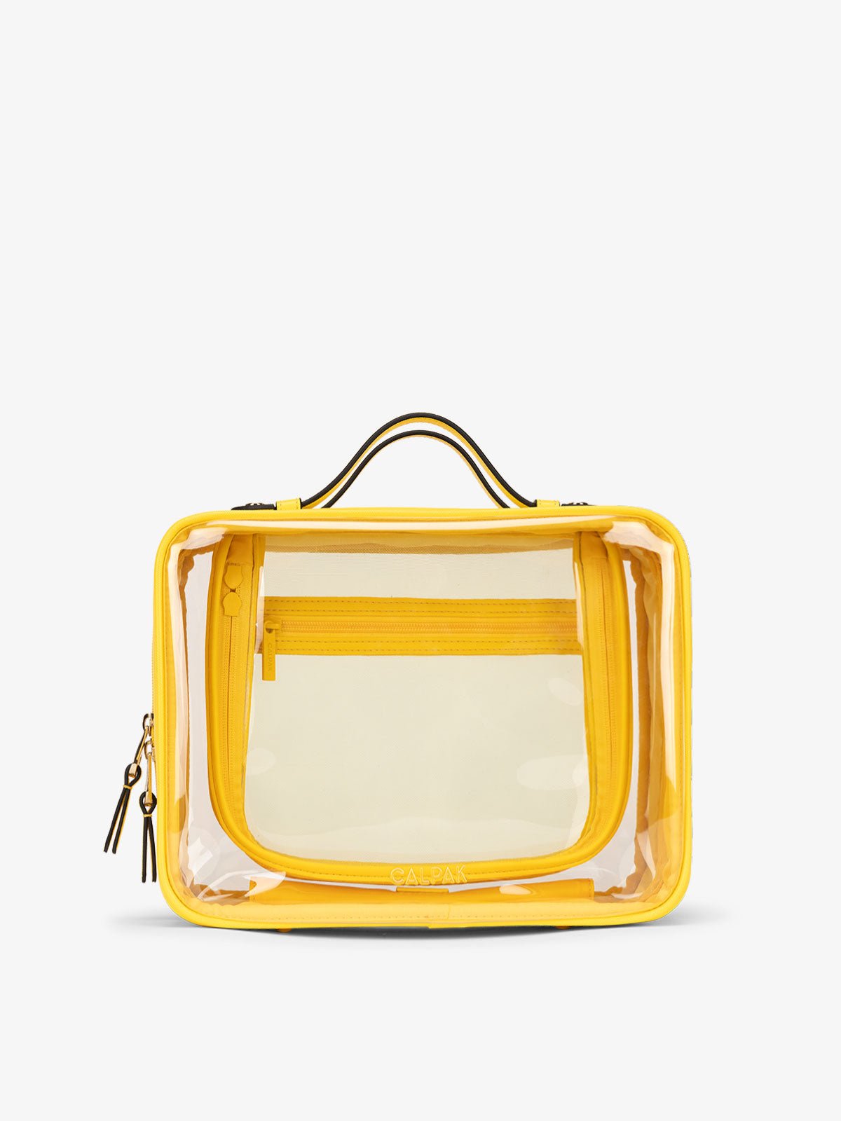 CALPAK Large clear makeup bag with zippered compartments in yellow lemon