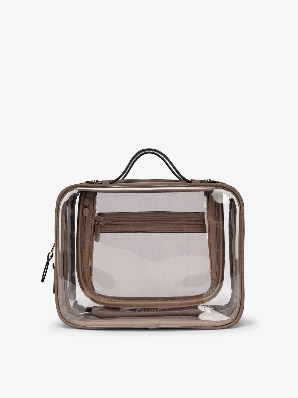 CALPAK large transparent travel cosmetics bag with handle in mocha