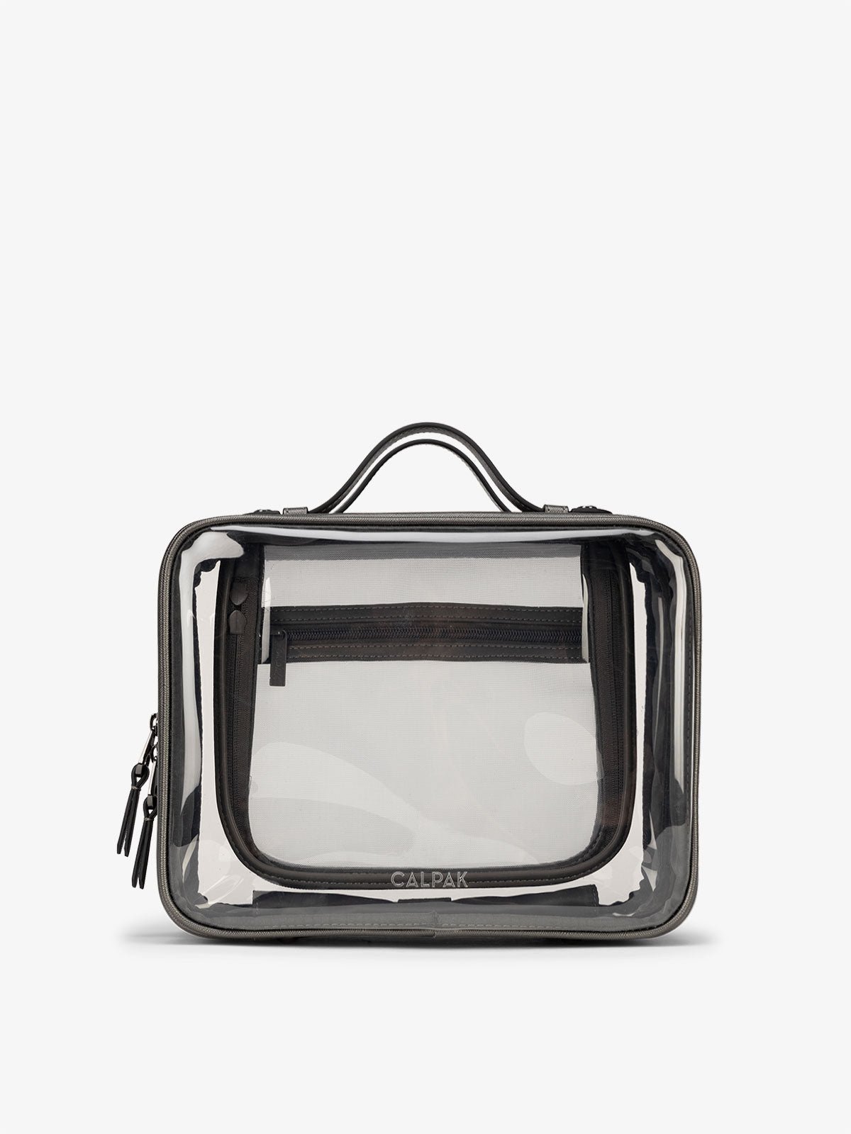 CALPAK Large clear makeup bag with zippered compartments in metallic steel