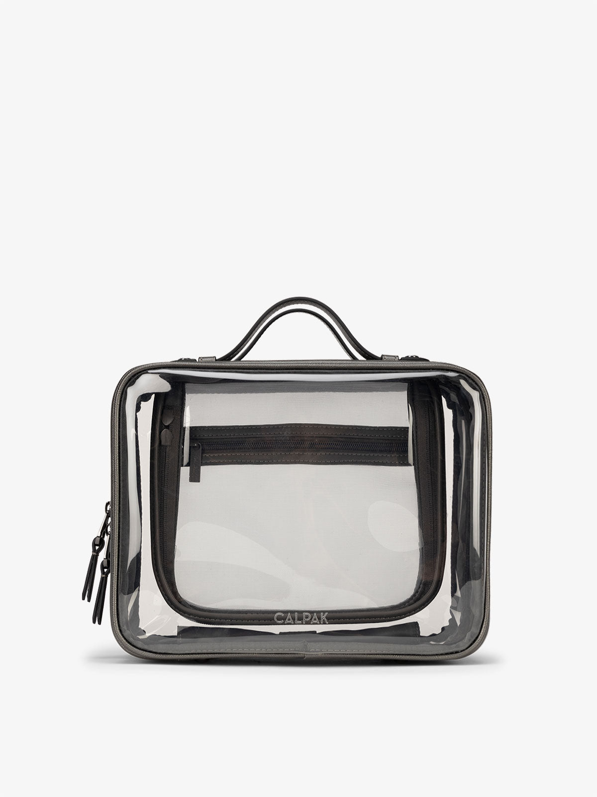 CALPAK Large clear makeup bag with zippered compartments in metallic steel; CCC2001-STEEL