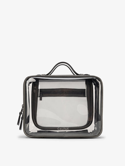 CALPAK Large clear makeup bag with zippered compartments in metallic steel; CCC2001-STEEL view 1