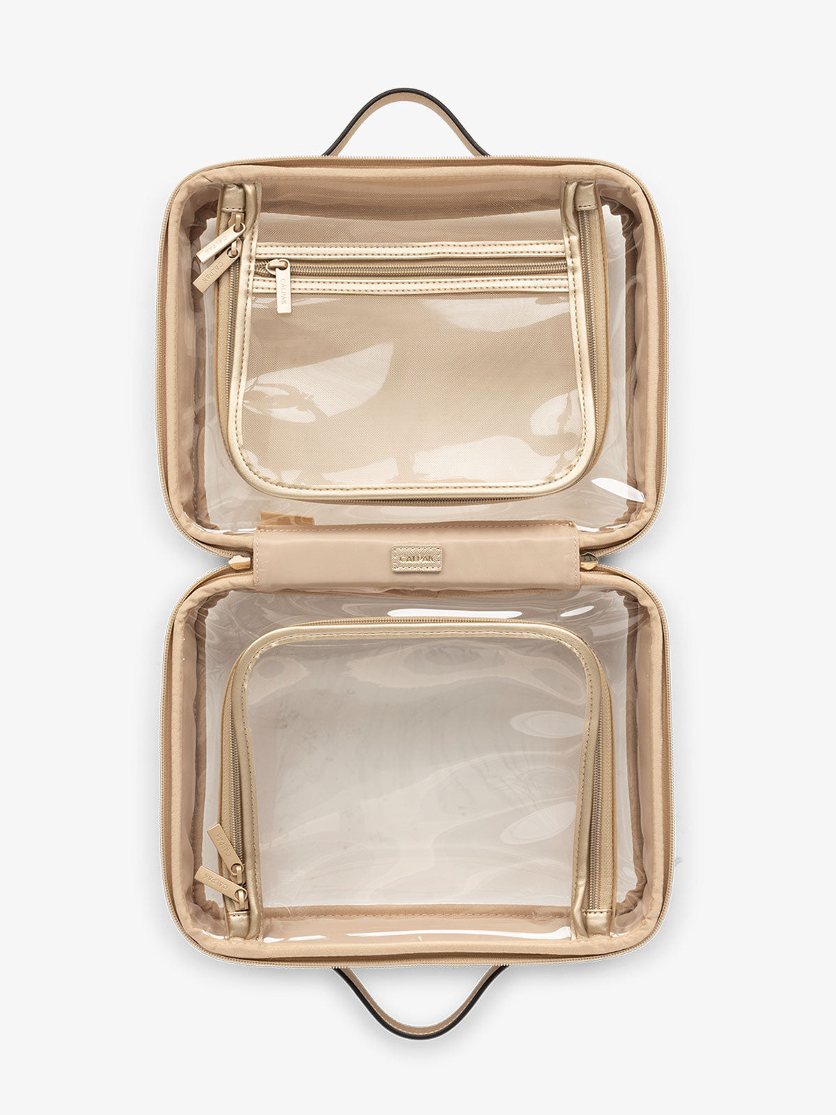 CALPAK large transparent water resistant travel makeup bag with compartments in shiny gold; CCC2001-GOLD