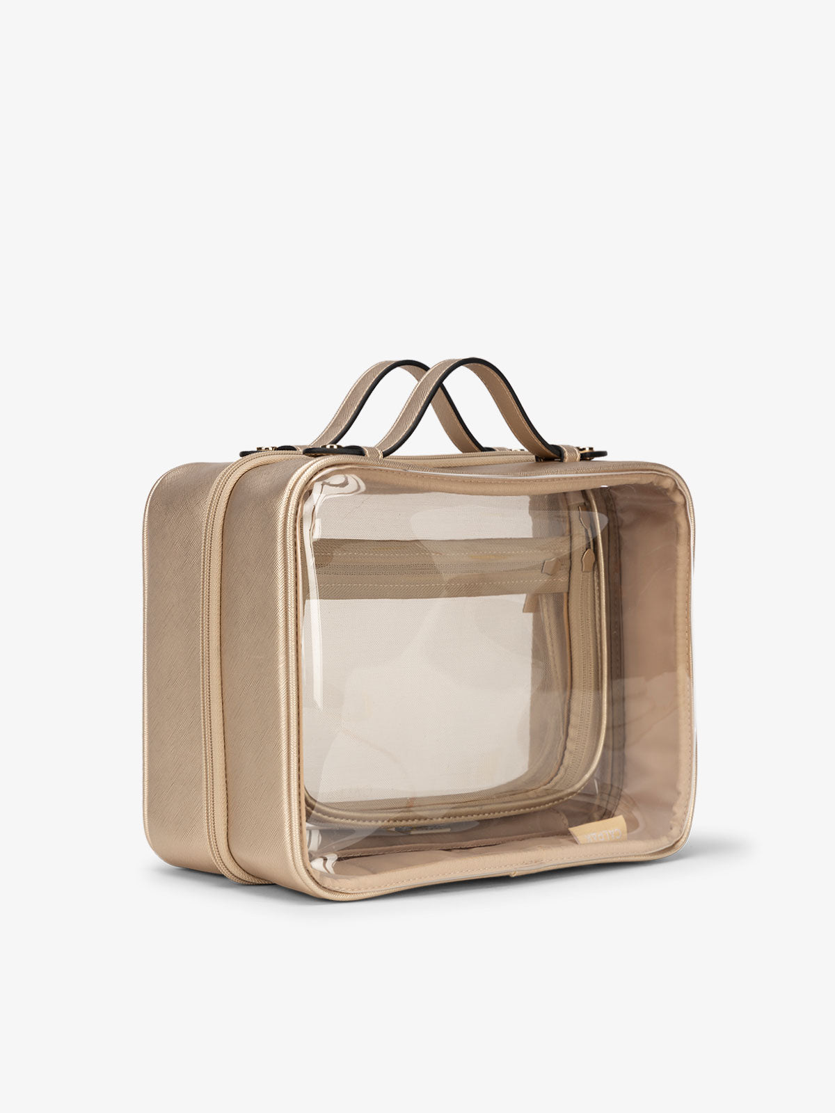 CALPAK large clear skincare bag with multiple zippered compartments in metallic gold; CCC2001-GOLD