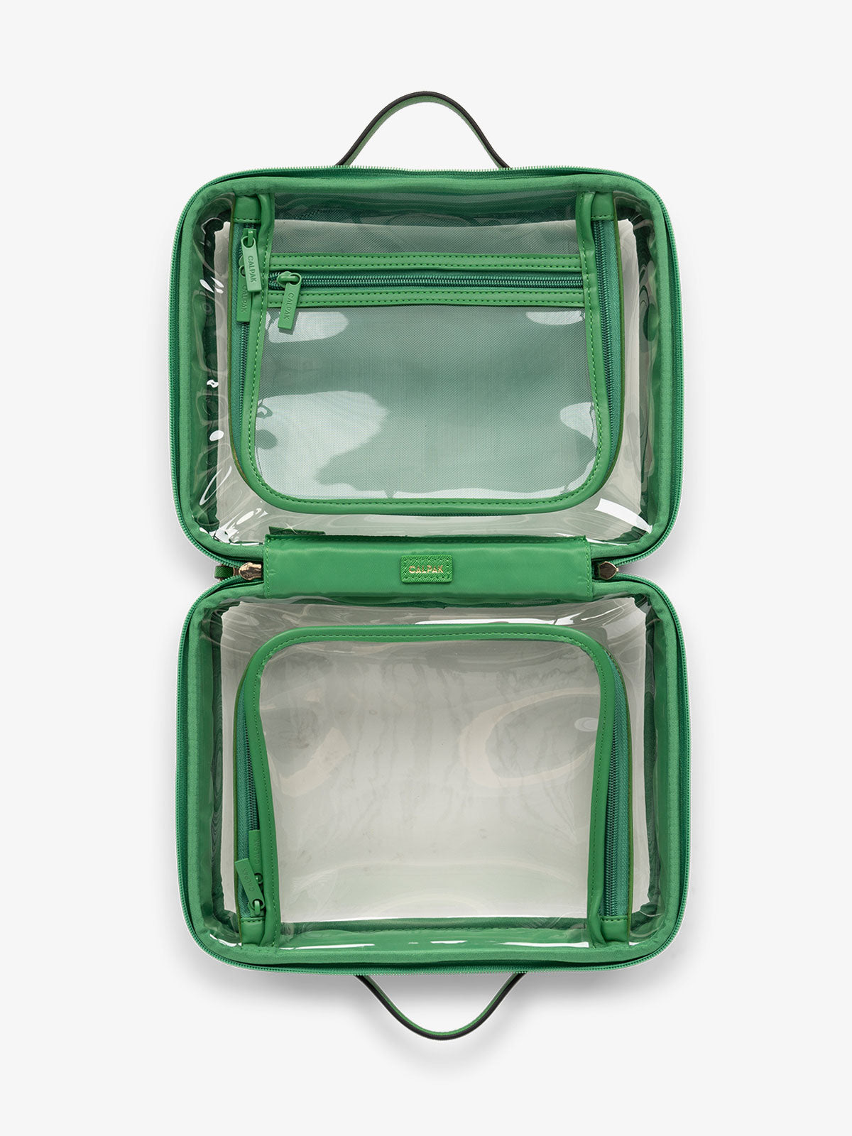 CALPAK large transparent water resistant travel makeup bag with compartments in green; CCC2001-GREEN-APPLE