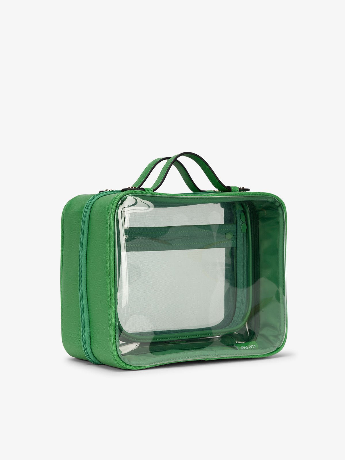 CALPAK large clear skincare bag with multiple zippered compartments in green