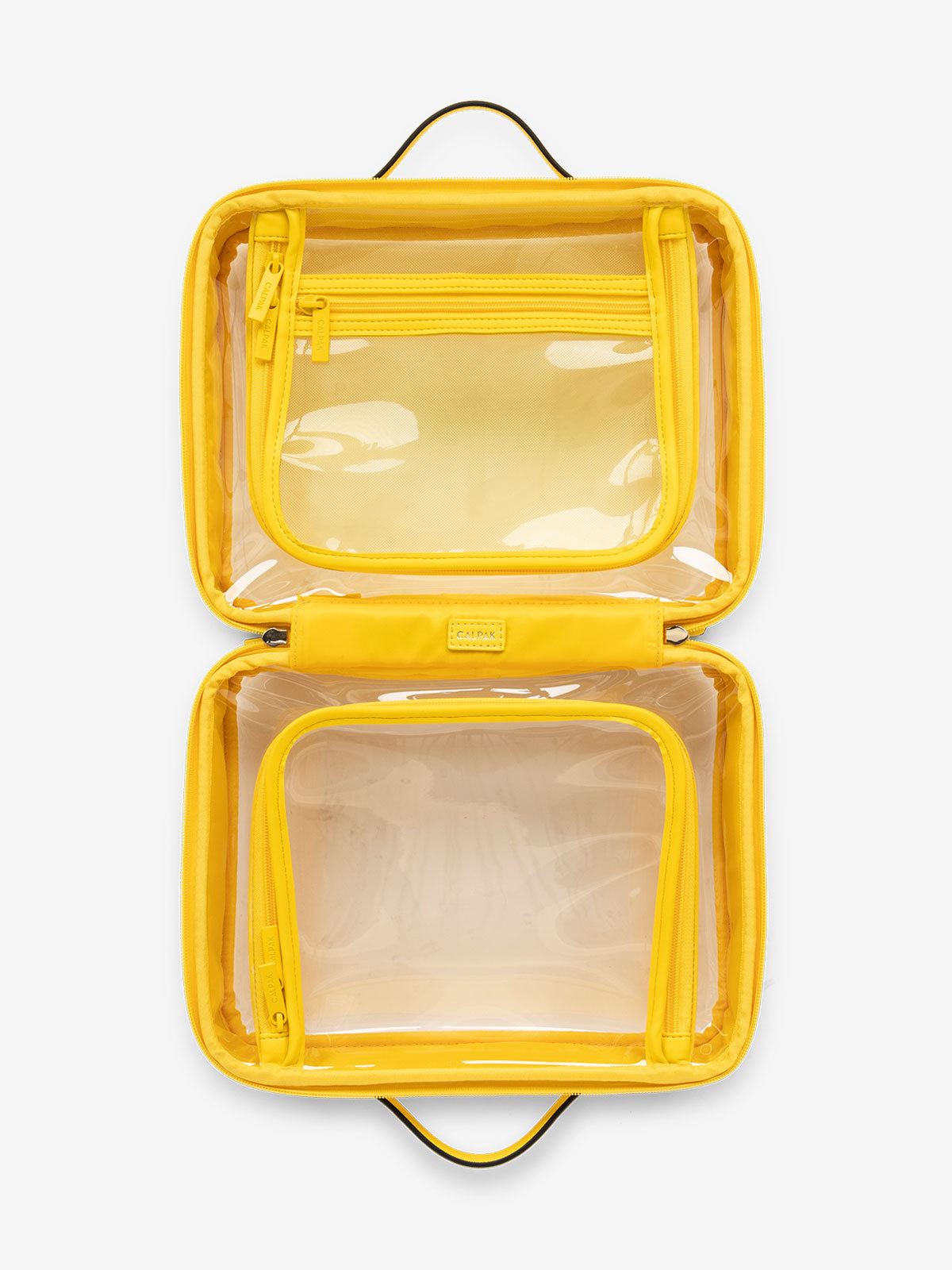 CALPAK large transparent water resistant travel makeup bag with compartments in bright yellow lemon; CCC2001-LEMON