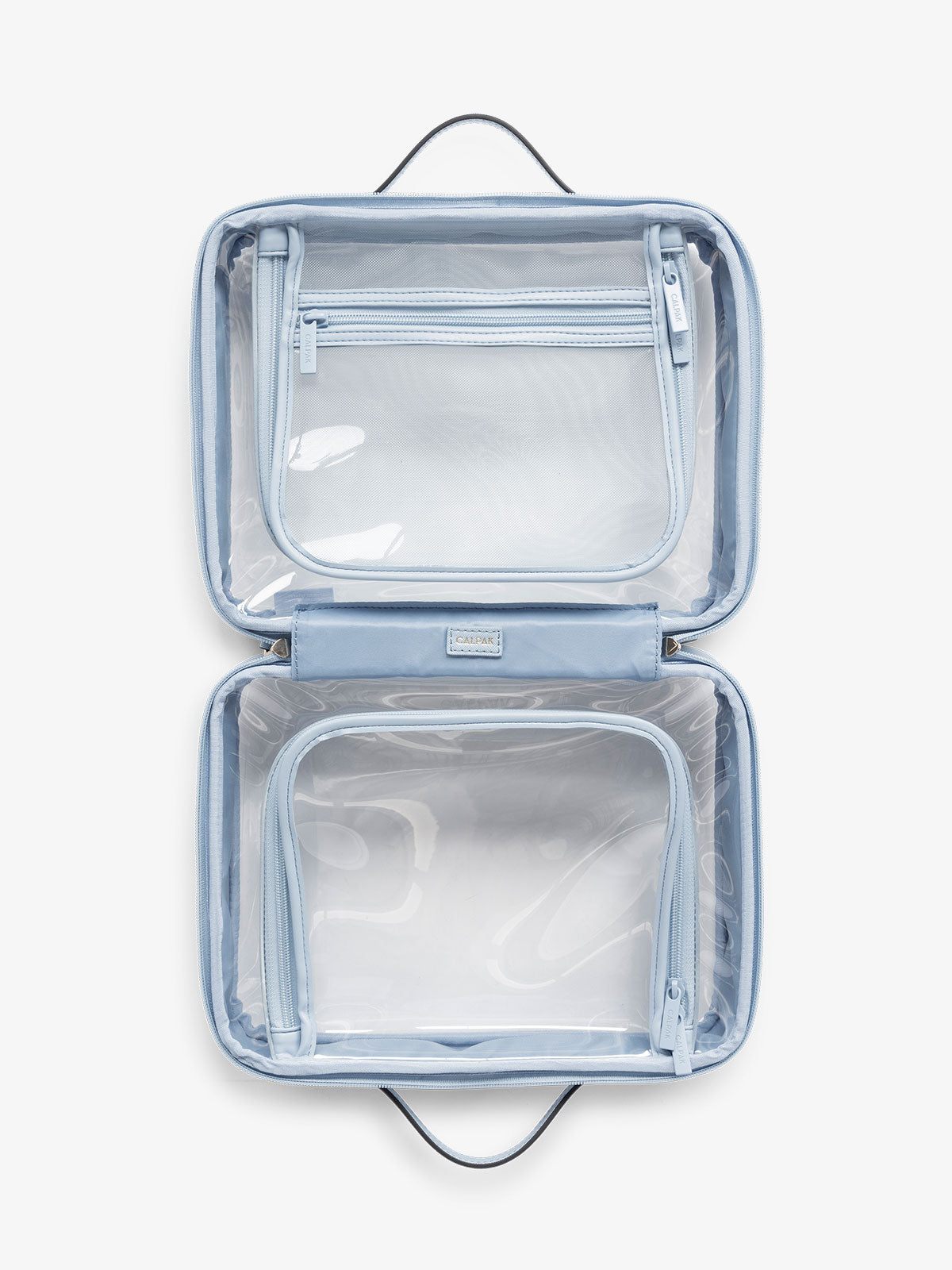 CALPAK large transparent water resistant travel makeup bag with compartments in blue; CCC2001-SKY