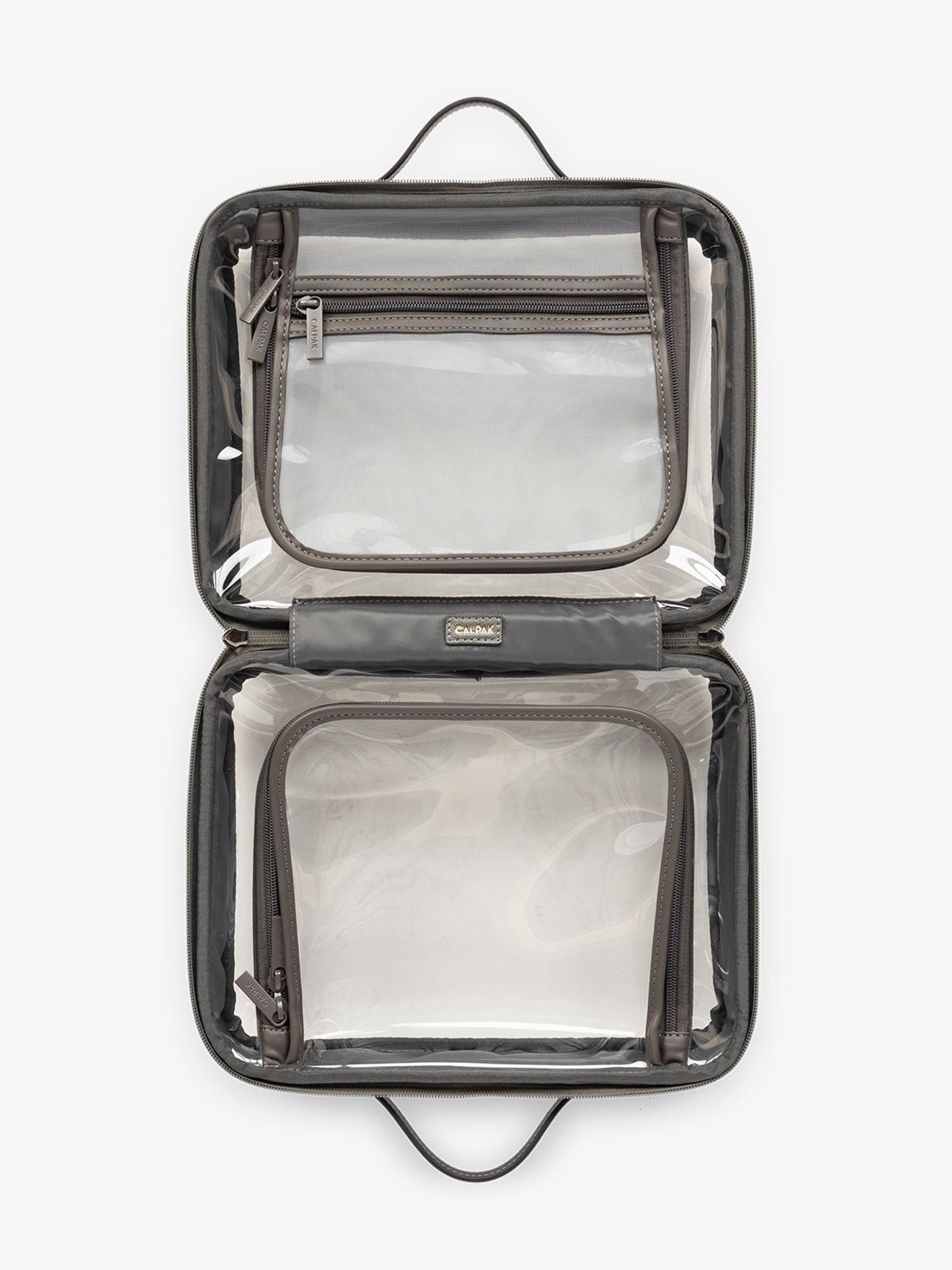 CALPAK large transparent water resistant travel makeup bag with compartments in dark gray metallic