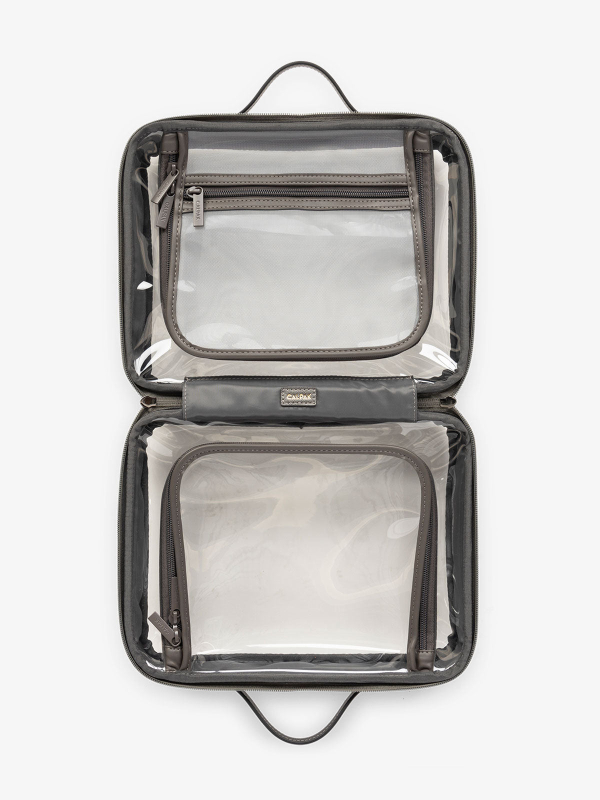 CALPAK large transparent water resistant travel makeup bag with compartments in dark gray metallic; CCC2001-STEEL
