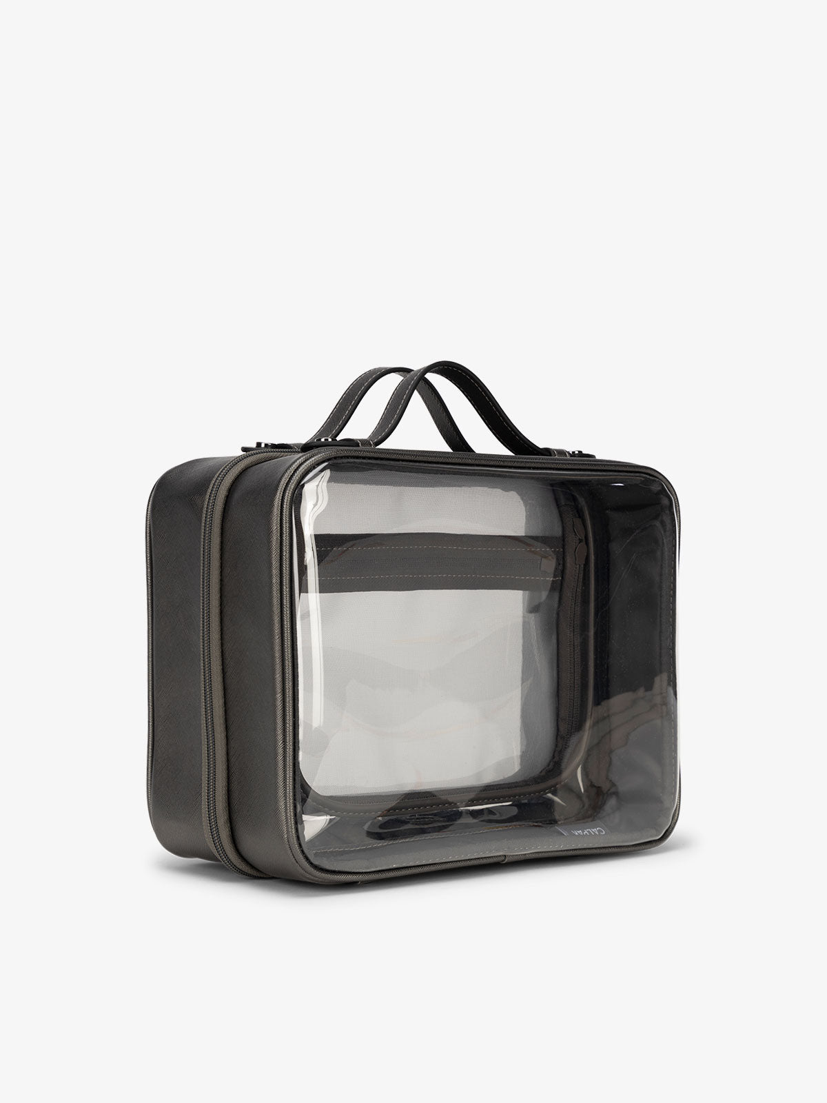 CALPAK large clear skincare bag with multiple zippered compartments in dark gray metallic steel; CCC2001-STEEL