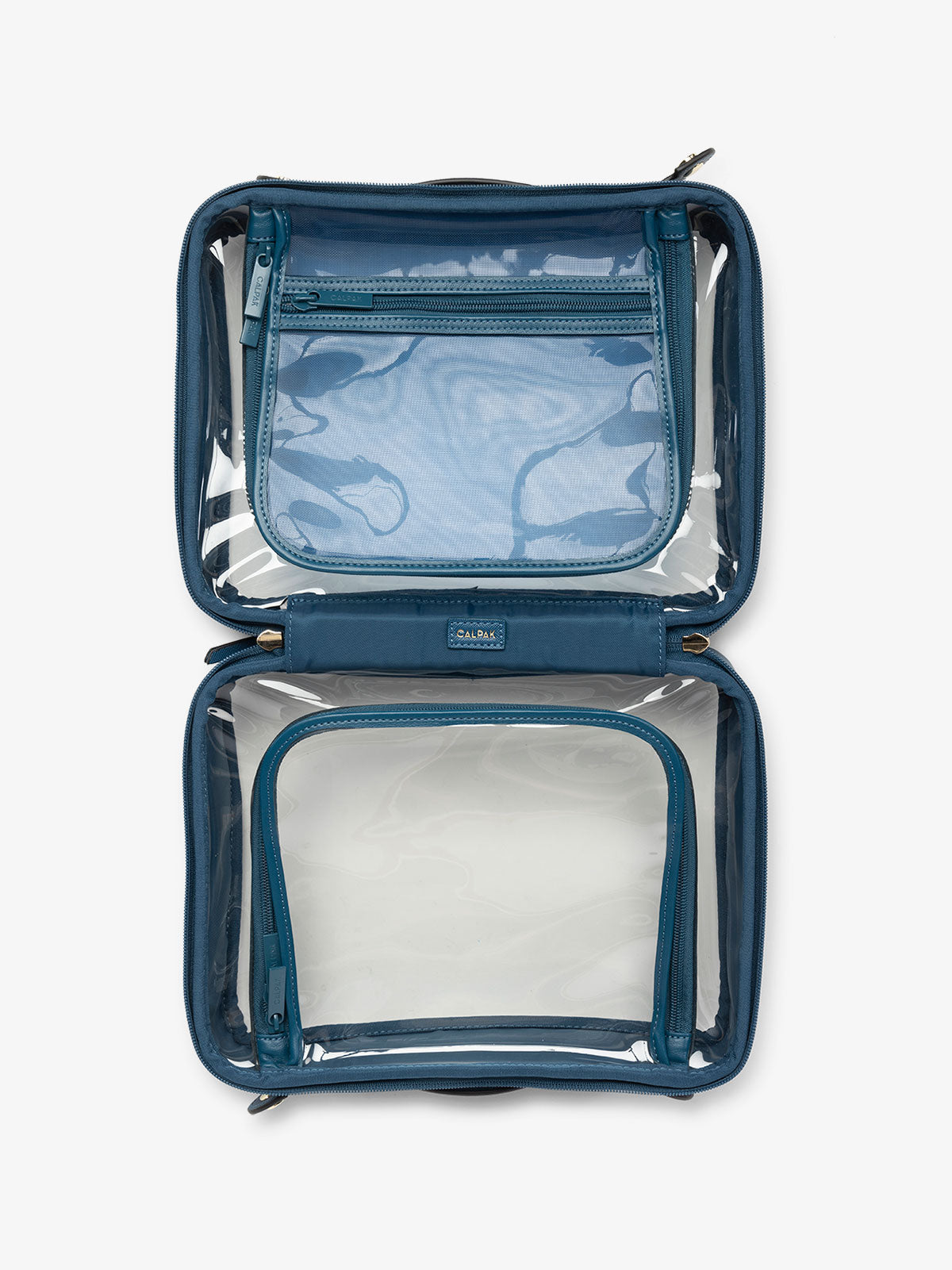 CALPAK large transparent water resistant travel makeup bag with compartments in deep sea; CCC2001-DEEP-SEA