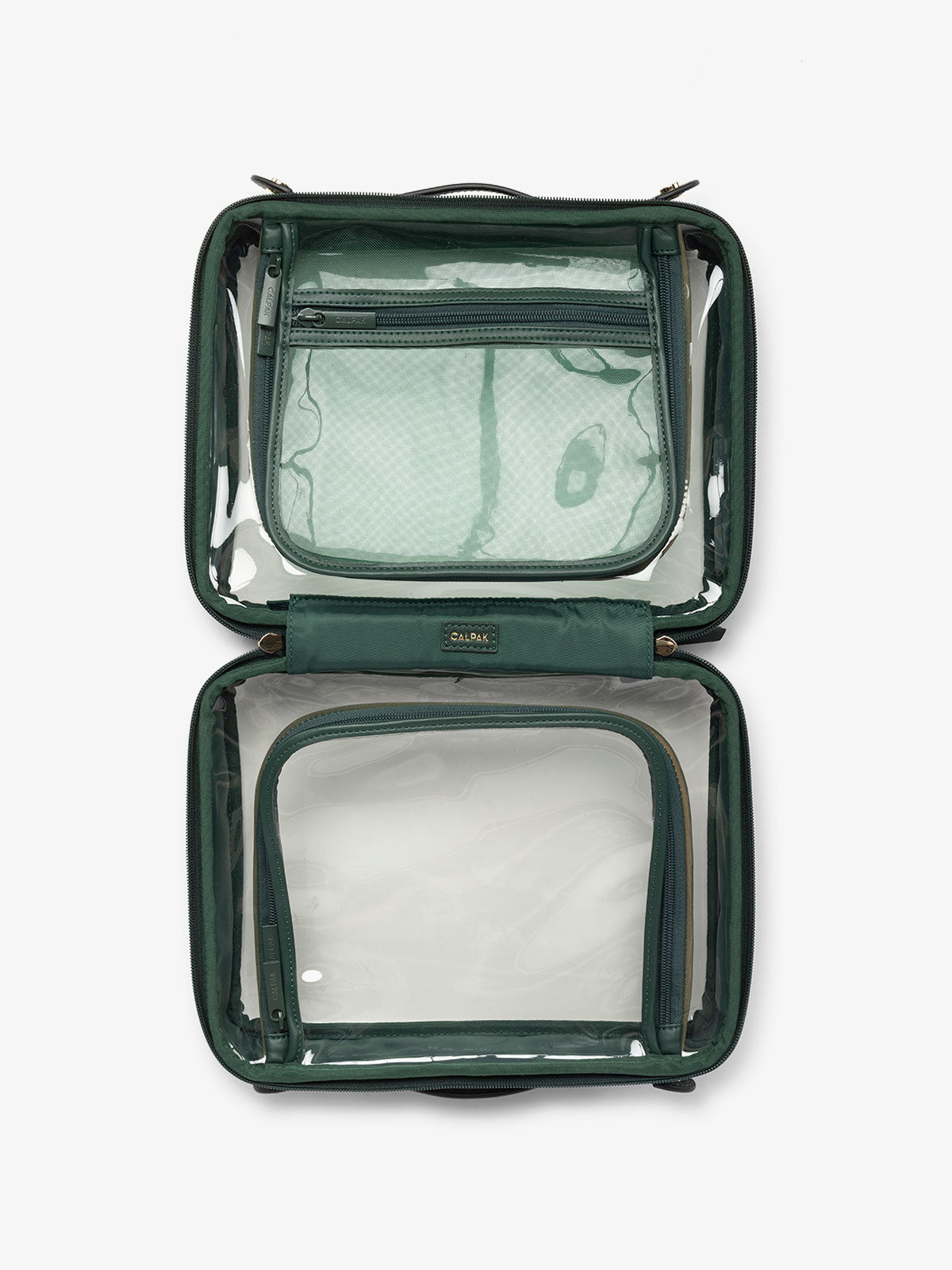 CALPAK large clear skincare bag with multiple zippered compartments in green; CCC2001-EMERALD