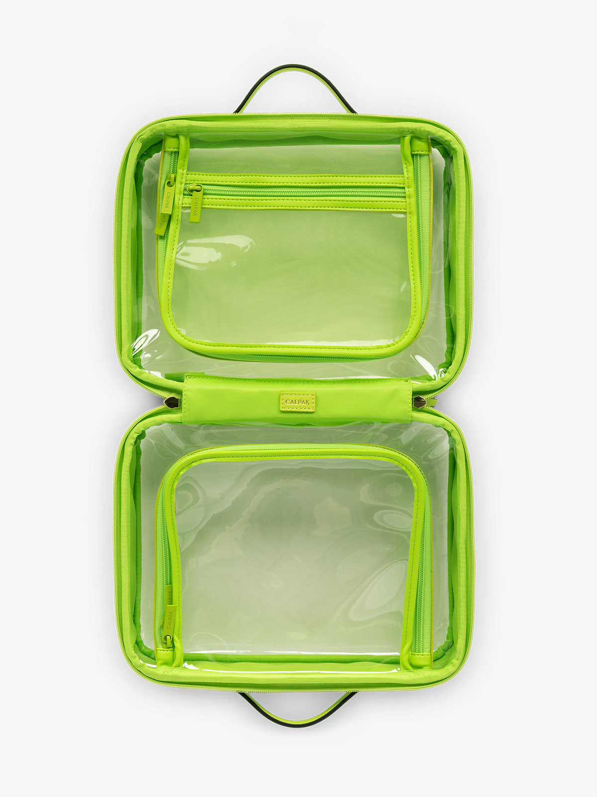 CALPAK large transparent water resistant travel makeup bag with compartments in green; CCC2001-ELECTRIC-LIME