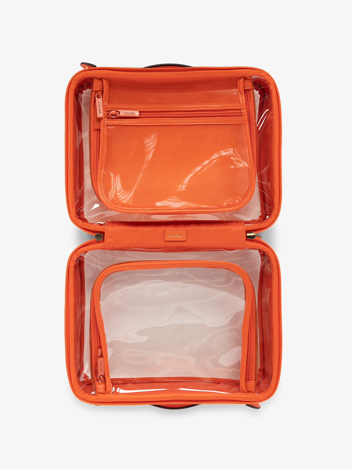 CALPAK large transparent water resistant travel makeup bag with compartments in papaya orange; CCC2001-PAPAYA