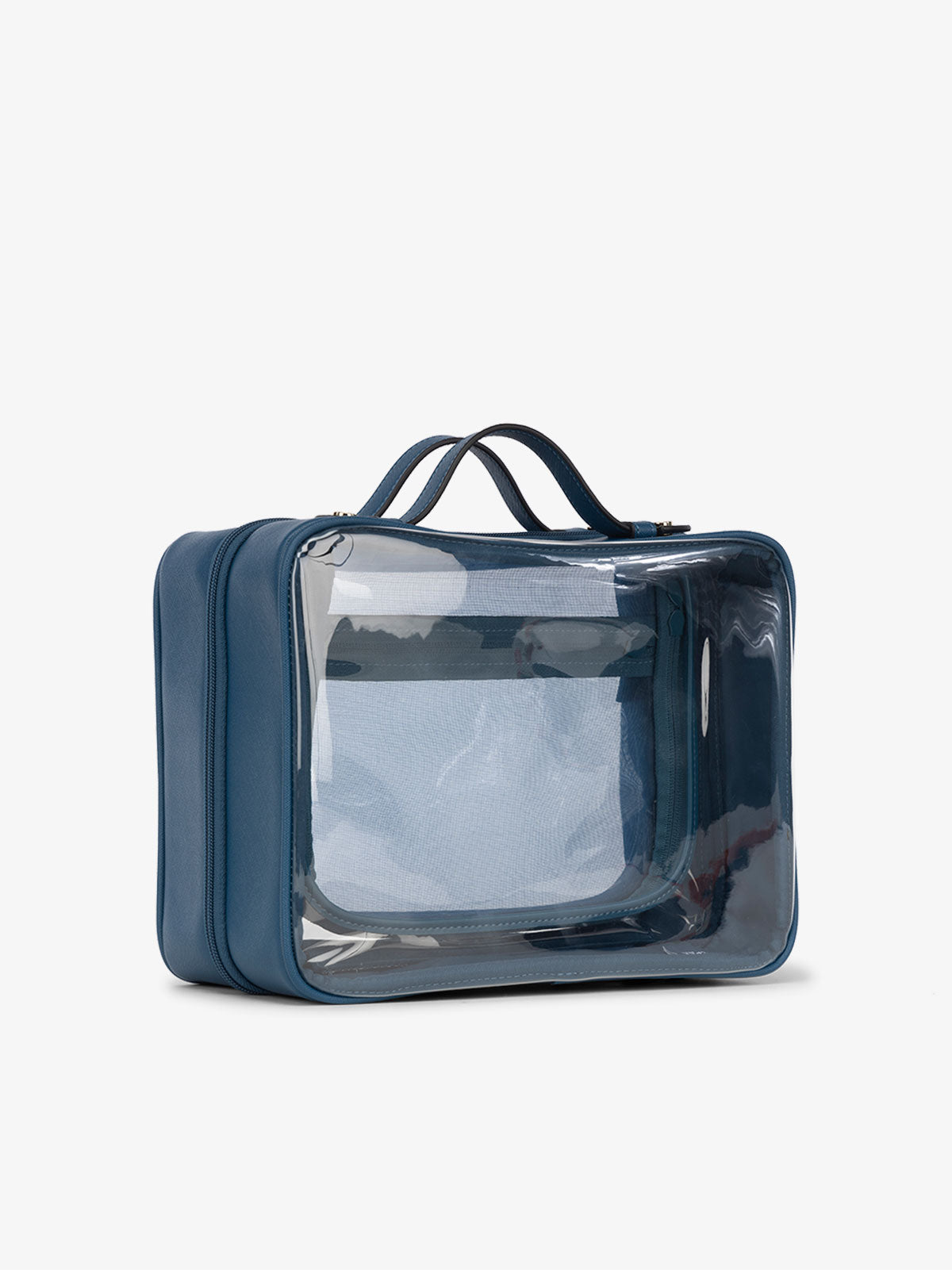 CALPAK large clear cosmetics travel case with dual handles in dark blue; CCC2001-DEEP-SEA
