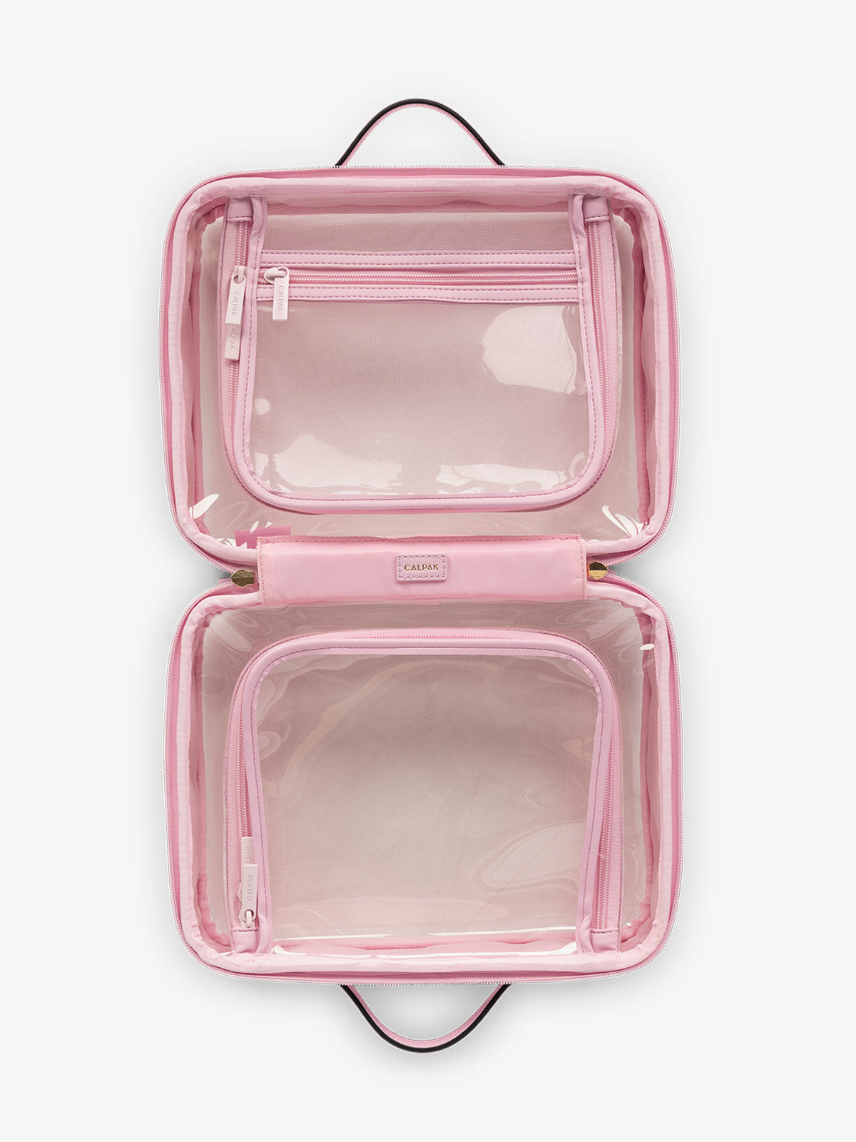 CALPAK large transparent water resistant travel makeup bag with compartments in pink; CCC2001-STRAWBERRY