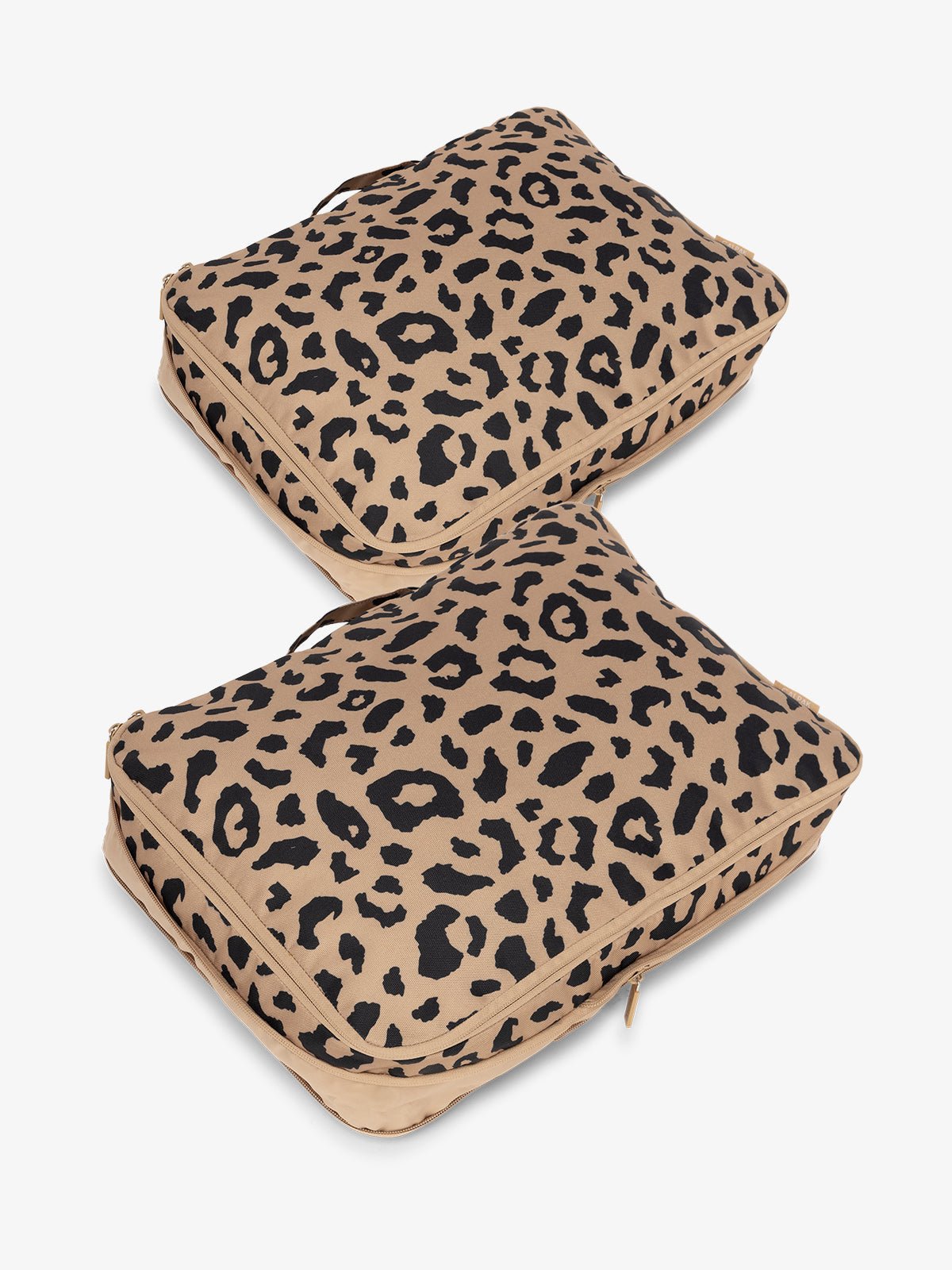 CALPAK large packing cubes with top handles and expandable by 4.5 inches in cheetah brown