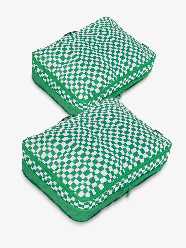 CALPAK large packing cubes with top handles and expandable by 4.5 inches in green checkerboard