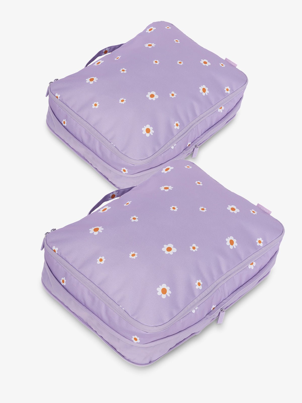 CALPAK large packing cubes with top handles and expandable by 4.5 inches in light purple floral print