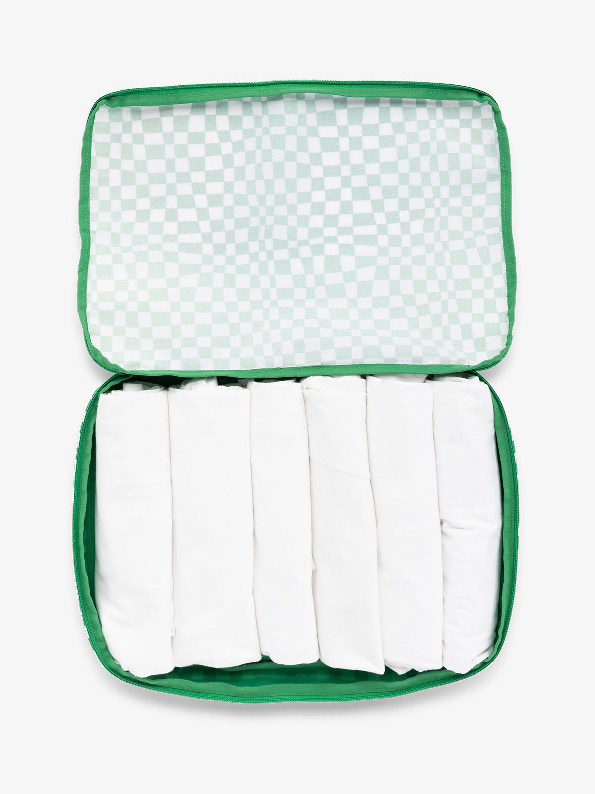 CALPAK Large Compression Packing cubes for travel made with durable materials in green and white checkered print