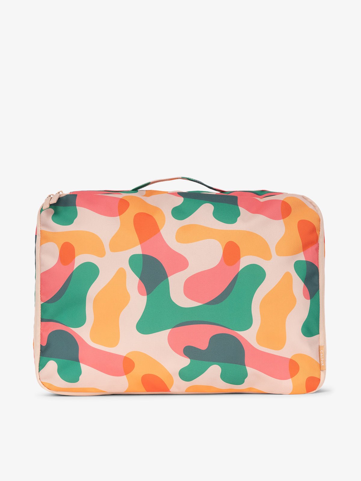 CALPAK large packing cubes with top handle in pink and green abstract print