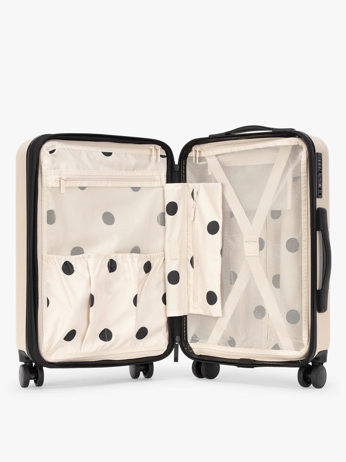 Inside view of the polka dot CALPAK Evry Carry-On Luggage in beige exterior and polka dot interior Polka Dot; LCO1020-POLKA-DOT