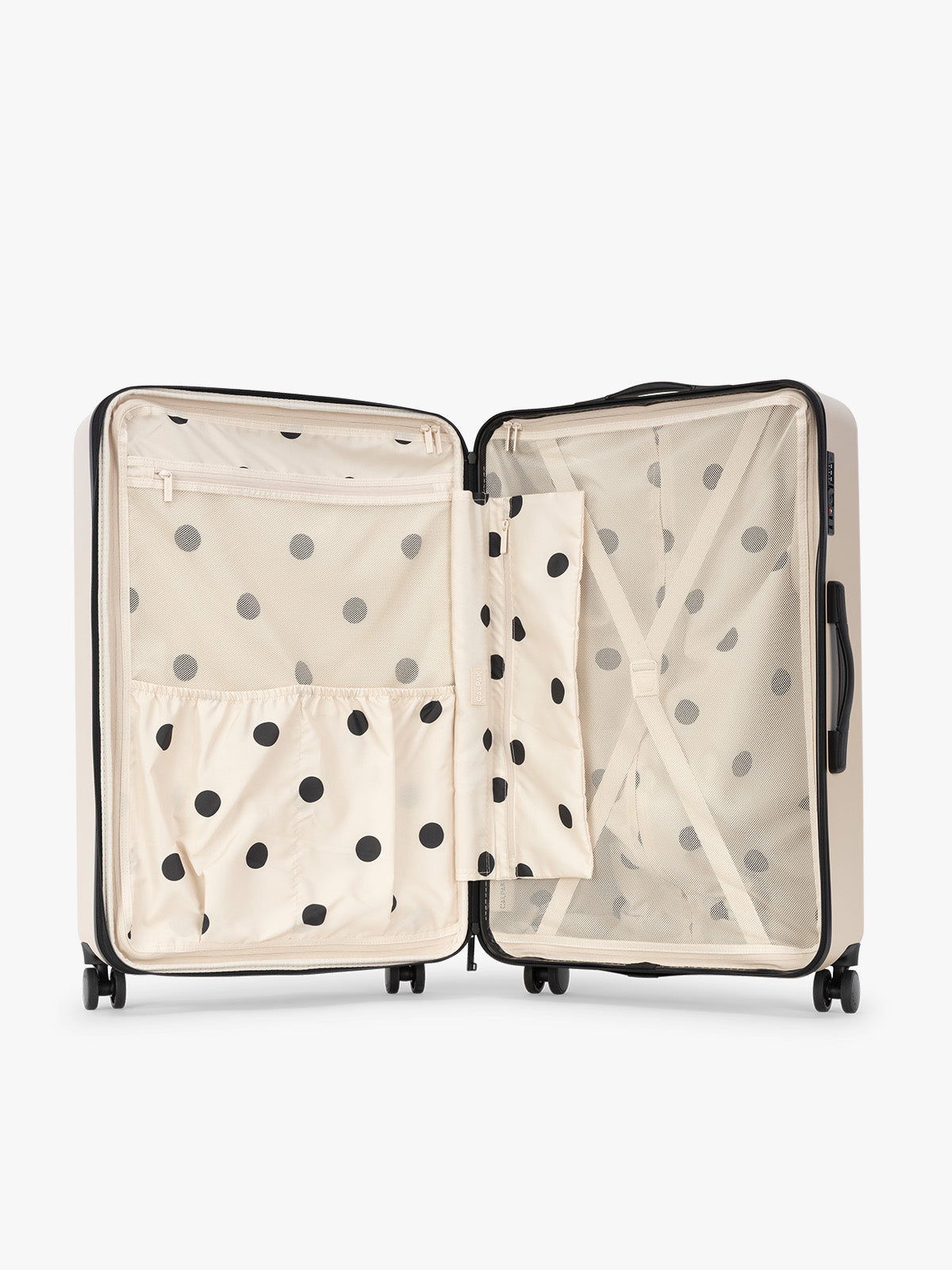 Interior of CALPAK Evry Large Luggage in beige exterior and interior polka dot in Polka Dot; LCO1028-POLKA-DOT