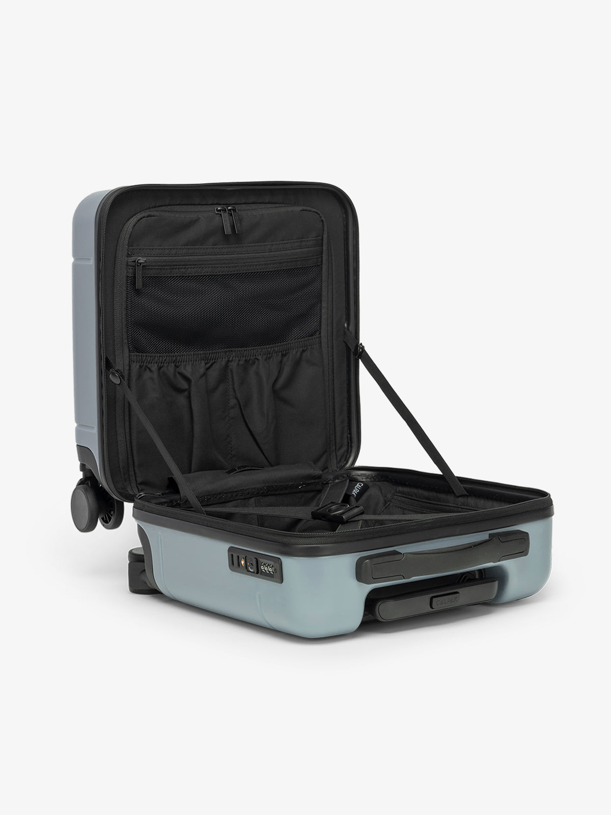 CALPAK Hue Mini Carry-On Luggage in blue Bluebell opened with black interior; LHU1014-BLUEBELL