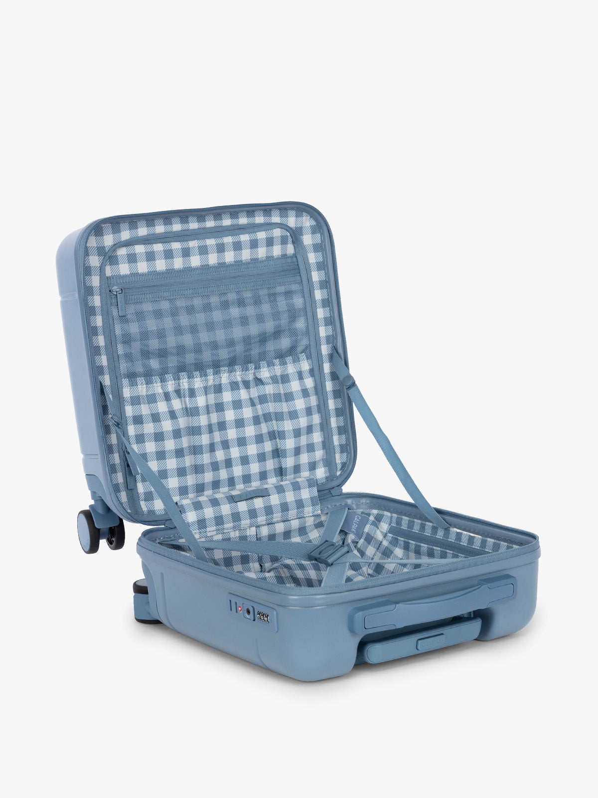 Opened view of CALPAK Hue Mini Carry On in light blue French Blue with Gingham interior; LHU1014-FRENCH-BLUE
