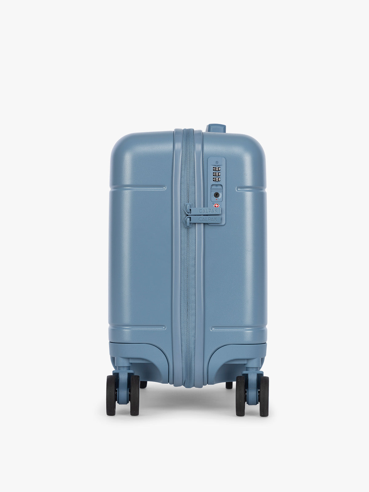 Side view and TSA approved lock of CALPAK Hue Mini Carry On in light blue French Blue with Gingham interior; LHU1014-FRENCH-BLUE