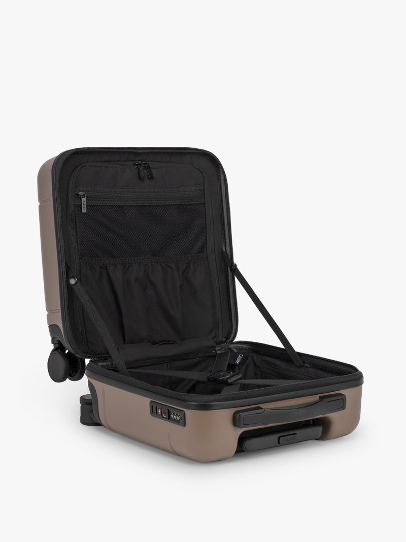 CALPAK Hue Mini Carry On Luggage opened view in brown Chocolate