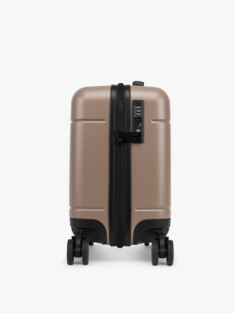 CALPAK Hue Mini Carry On Luggage side TSA approved lock in brown Chocolate