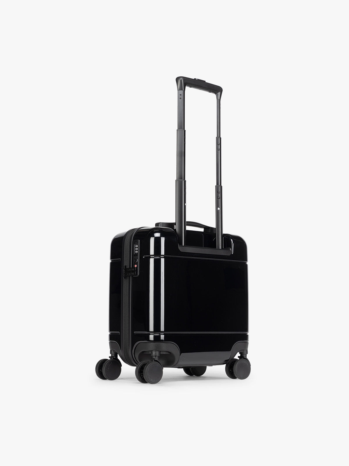 CALPAK Glazed Black Hue Mini Carry On suitcase with a black handle back view on a white background; LHU1014-GLAZED-BLACK