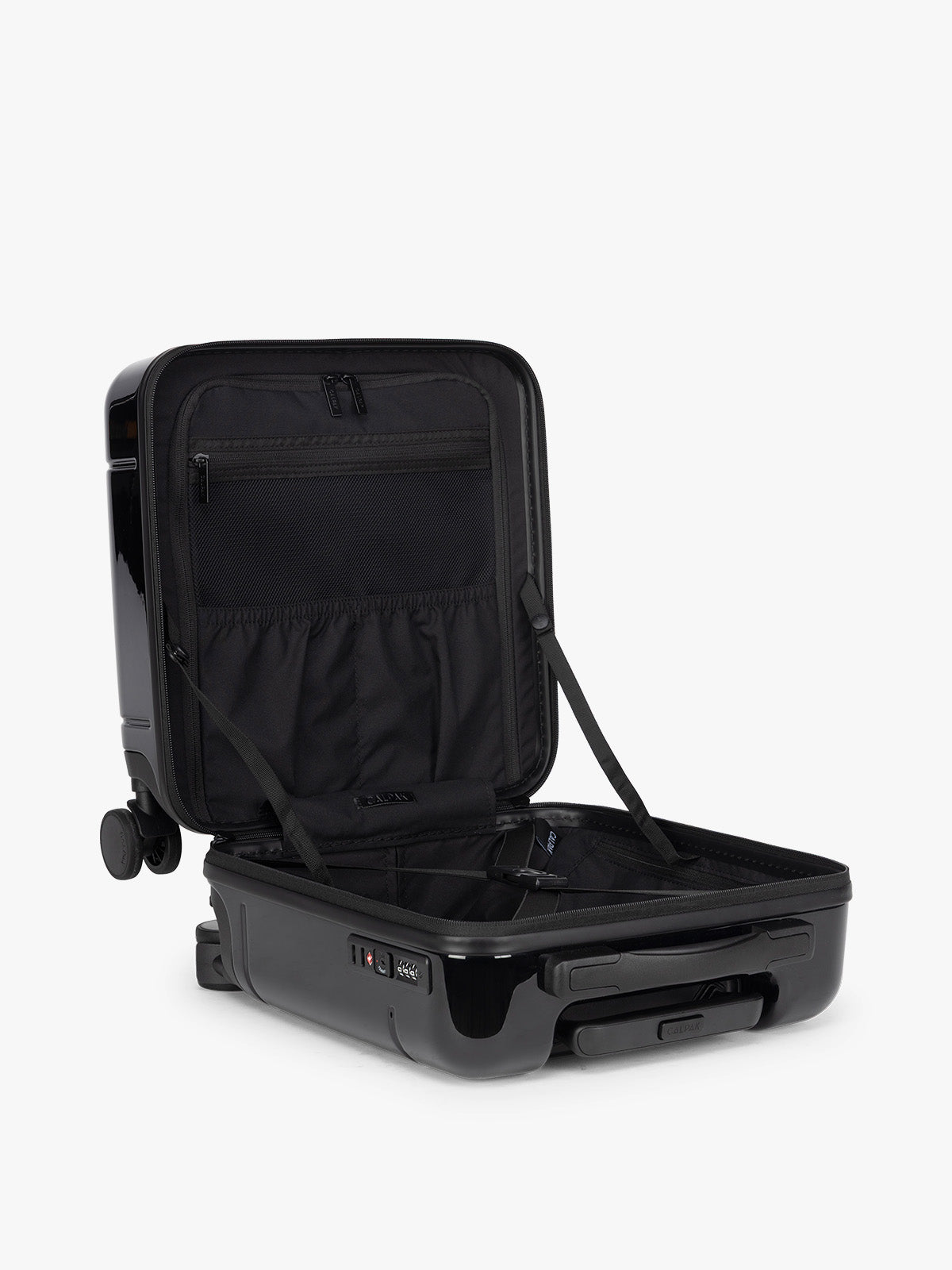 CALPAK Glazed Black Hue Mini Carry On suitcase with a black handle opened on a white background; LHU1014-GLAZED-BLACK