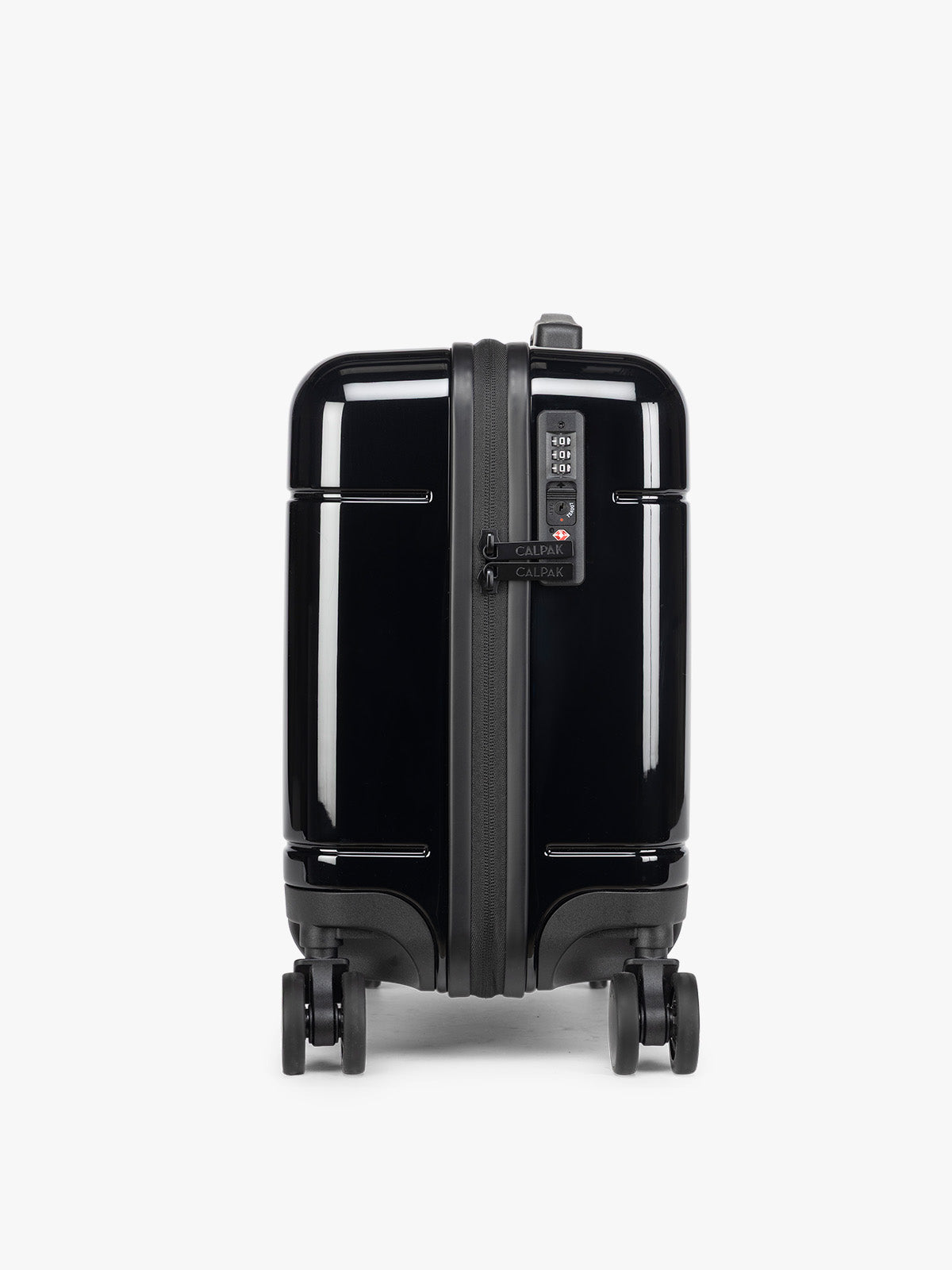 CALPAK Glazed Black Hue Mini Carry On suitcase with a black handle side view on a white background; LHU1014-GLAZED-BLACK