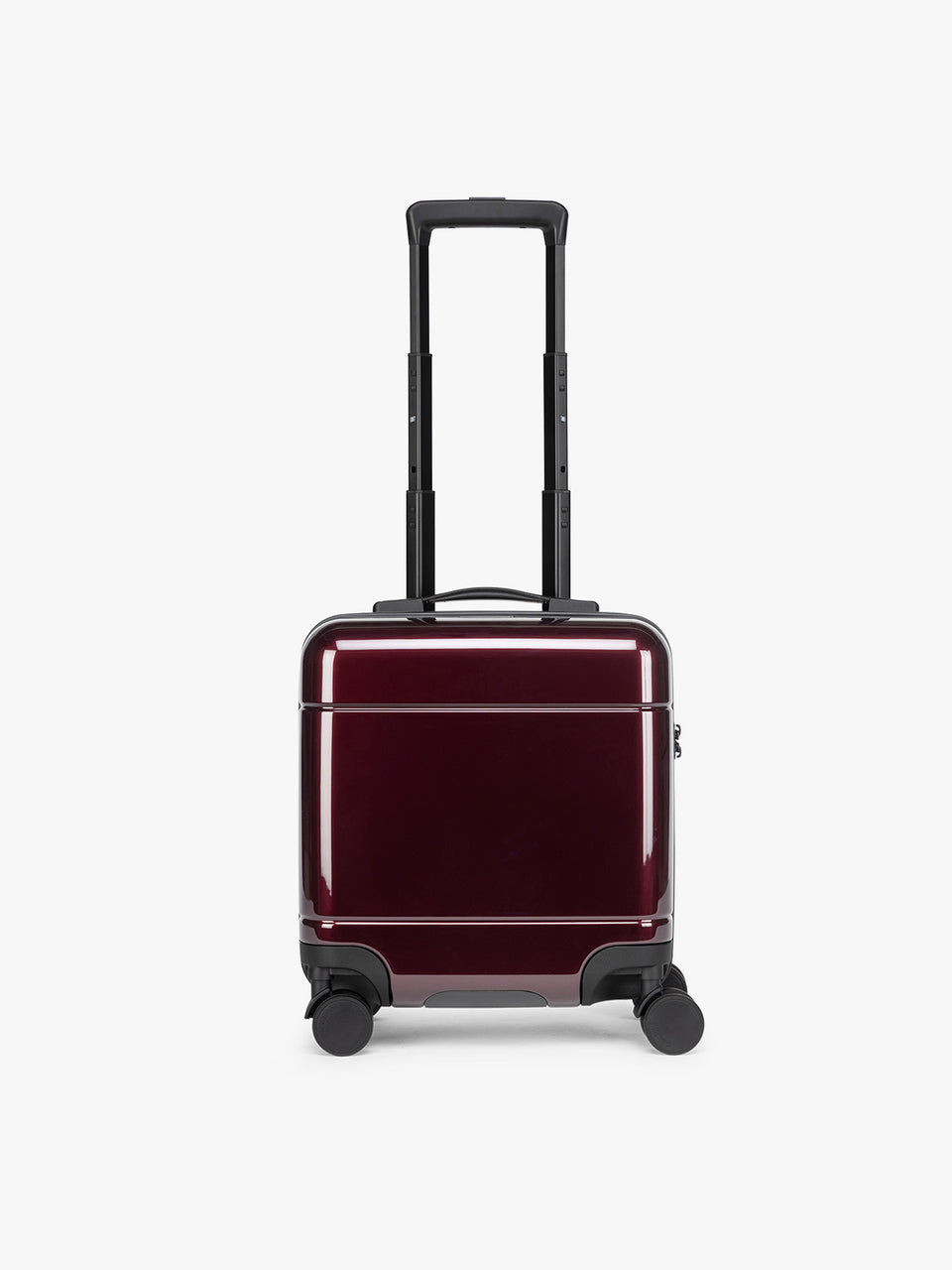 CALPAK Glazed Dark Cherry Hue Mini Carry On Red suitcase with a black handle on a white background; LHU1014-GLAZED-DARK-CHERRY