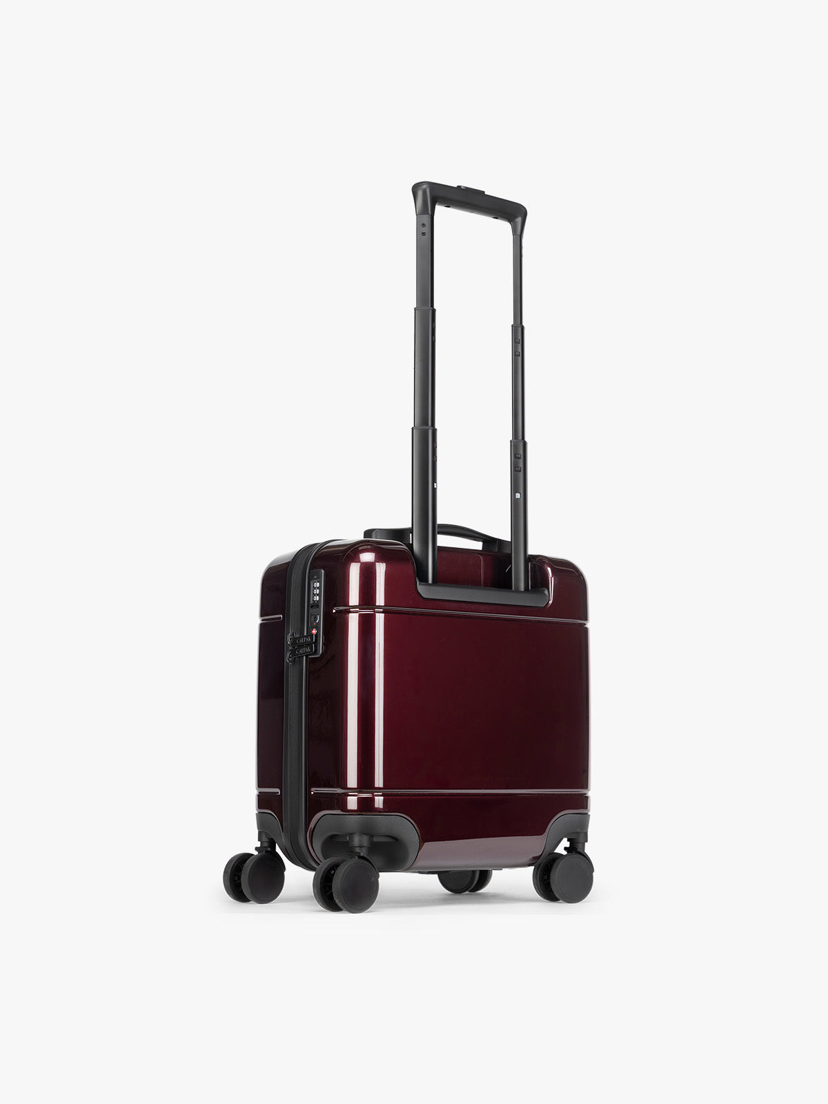 CALPAK Glazed Dark Cherry Hue Mini Carry On Red suitcase with a black handle back view on a white background; LHU1014-GLAZED-DARK-CHERRY