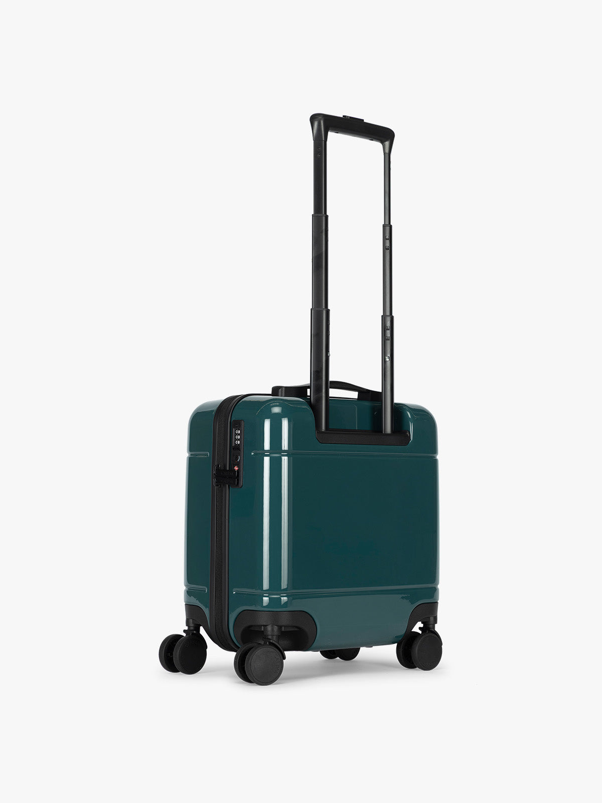 Backside of CALPAK Hue Mini Carry-On Luggage in dark green Kale; LHU1014-GLAZED-KALE