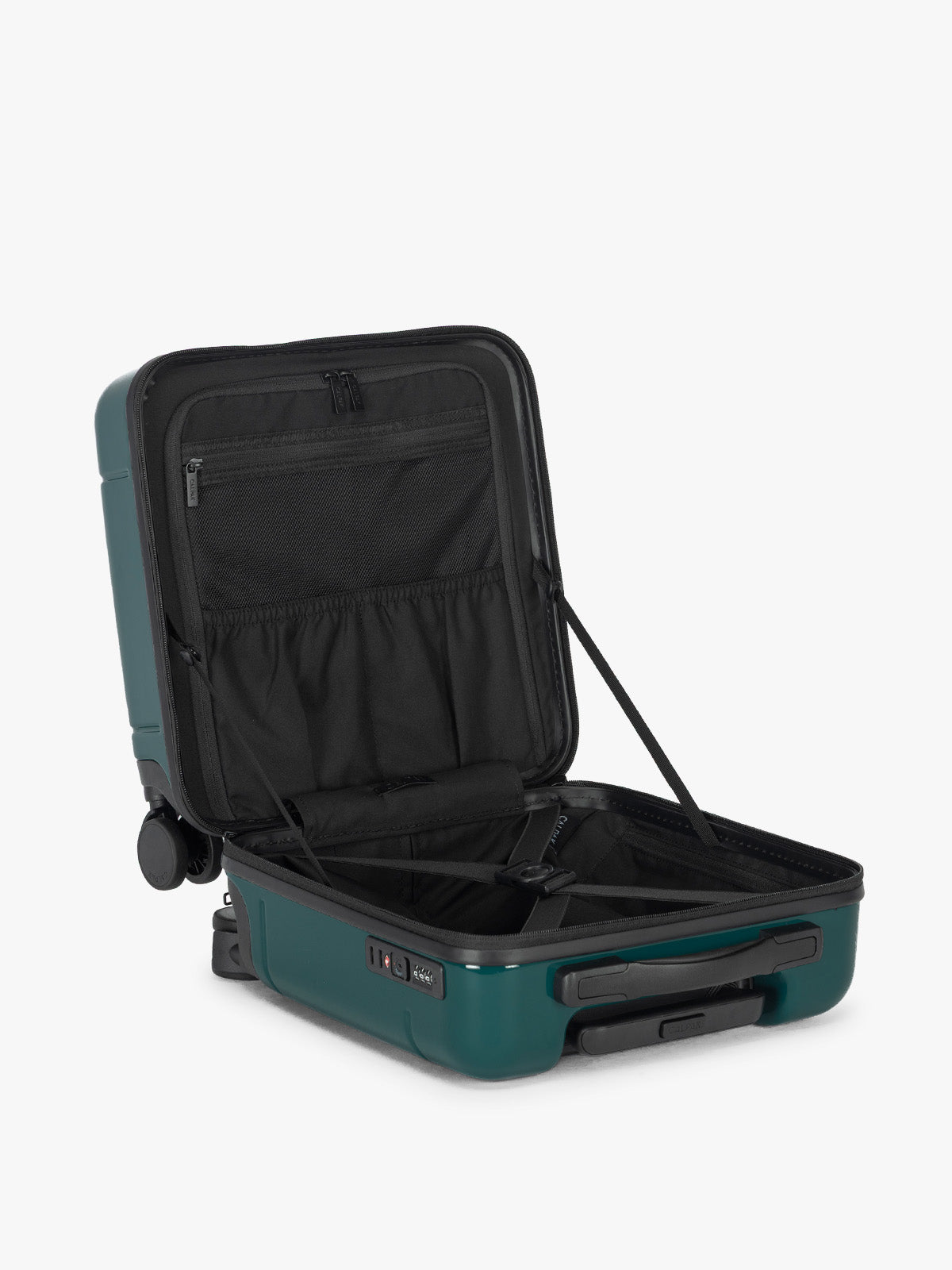 Opened CALPAK Hue Mini Carry-On Luggage in dark green Kale; LHU1014-GLAZED-KALE
