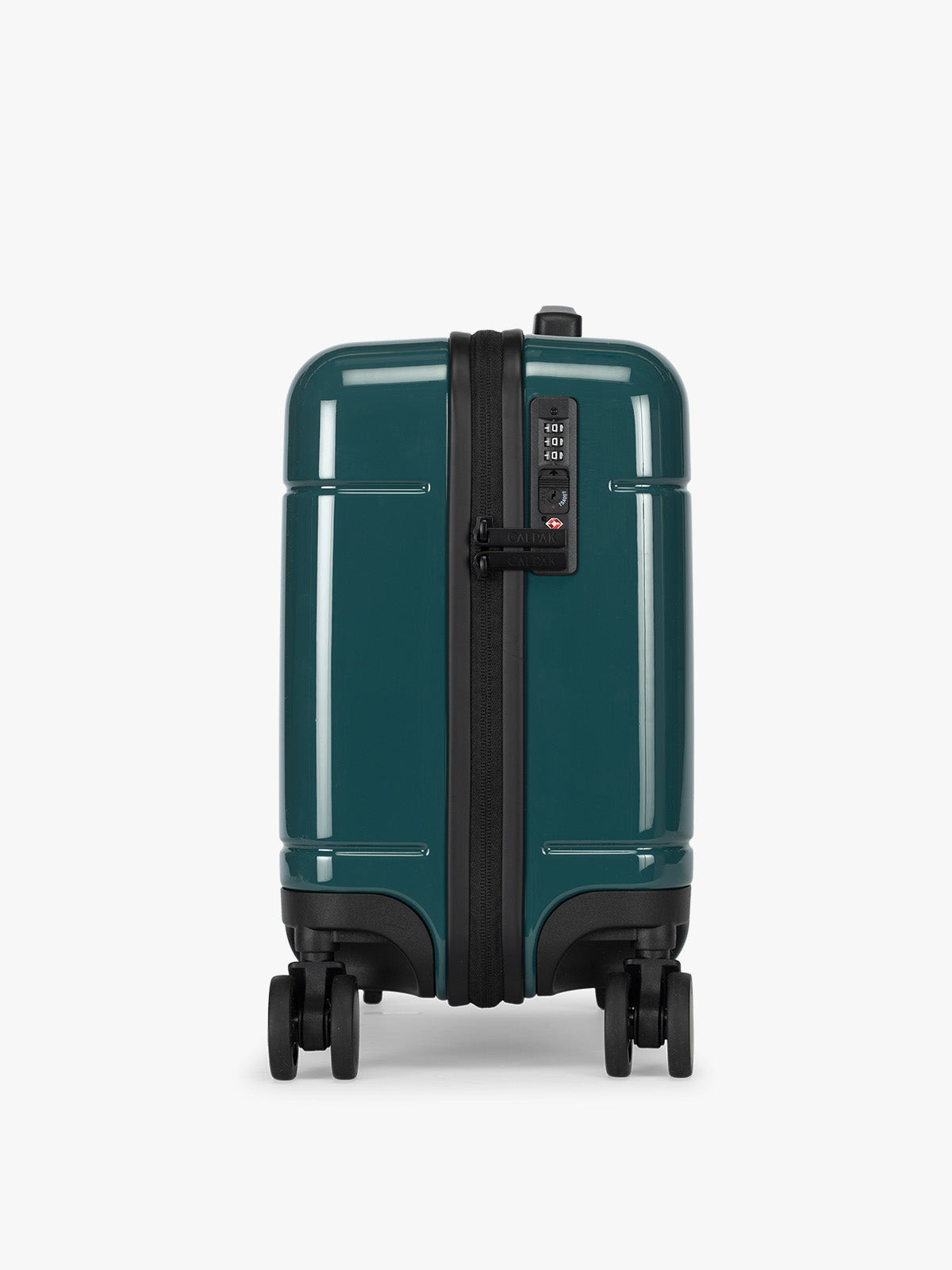 Side view of TSA approved lock of CALPAK Hue Mini Carry-On Luggage in dark green Kale; LHU1014-GLAZED-KALE