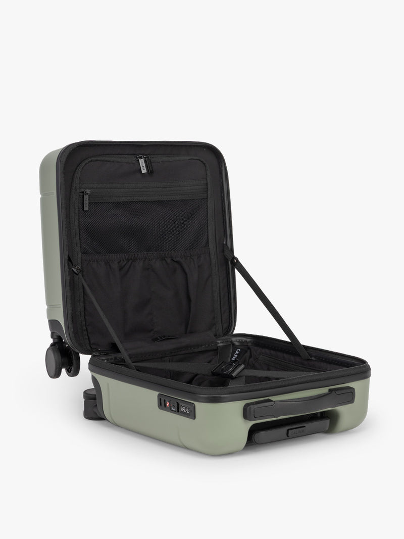 CALPAK Hue Mini Carry On Luggage opened view in green Juniper