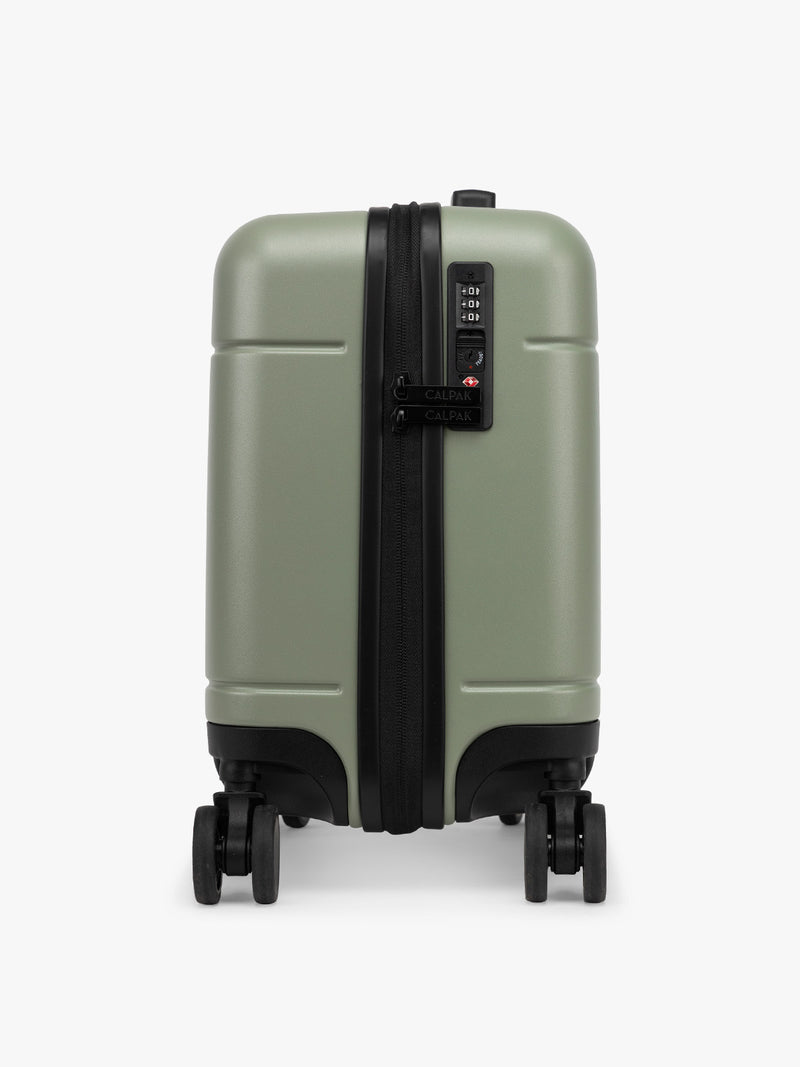 CALPAK Hue Mini Carry On Luggage side TSA approved lock in green Juniper