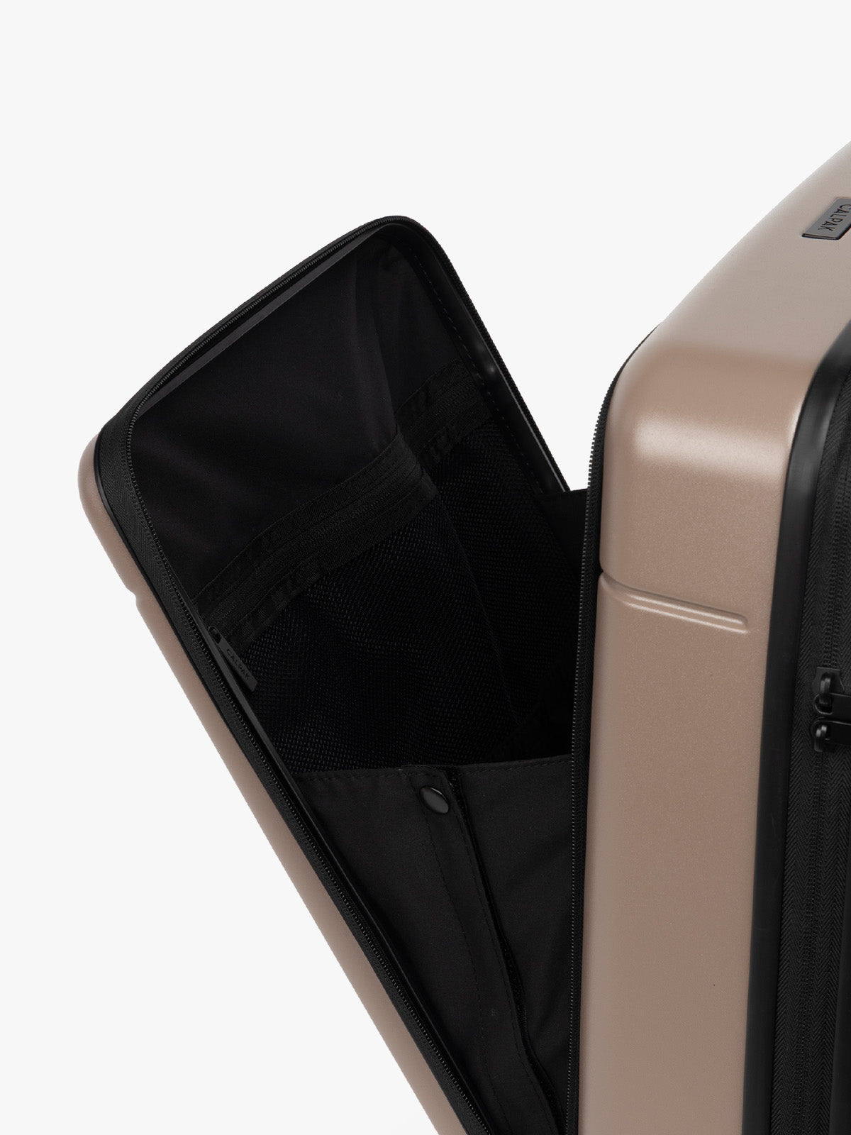 CALPAK Hue Front Pocket Carry On Luggage opened pocket view in brown Chocolate; LHU1020-CHOCOLATE
