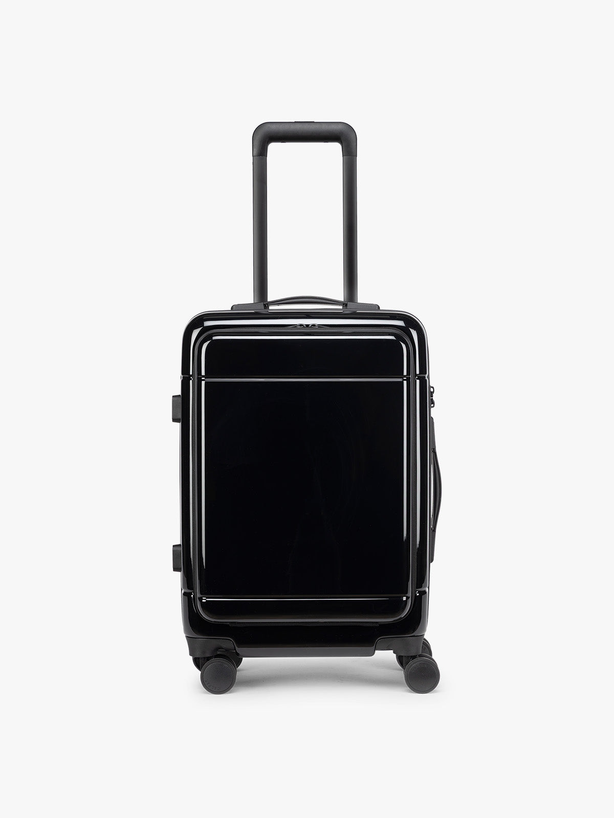 Front view of CALPAK Hue Front Pocket Carry On Luggage in maroon Glazed Black; LHU1020-GLAZED-BLACK